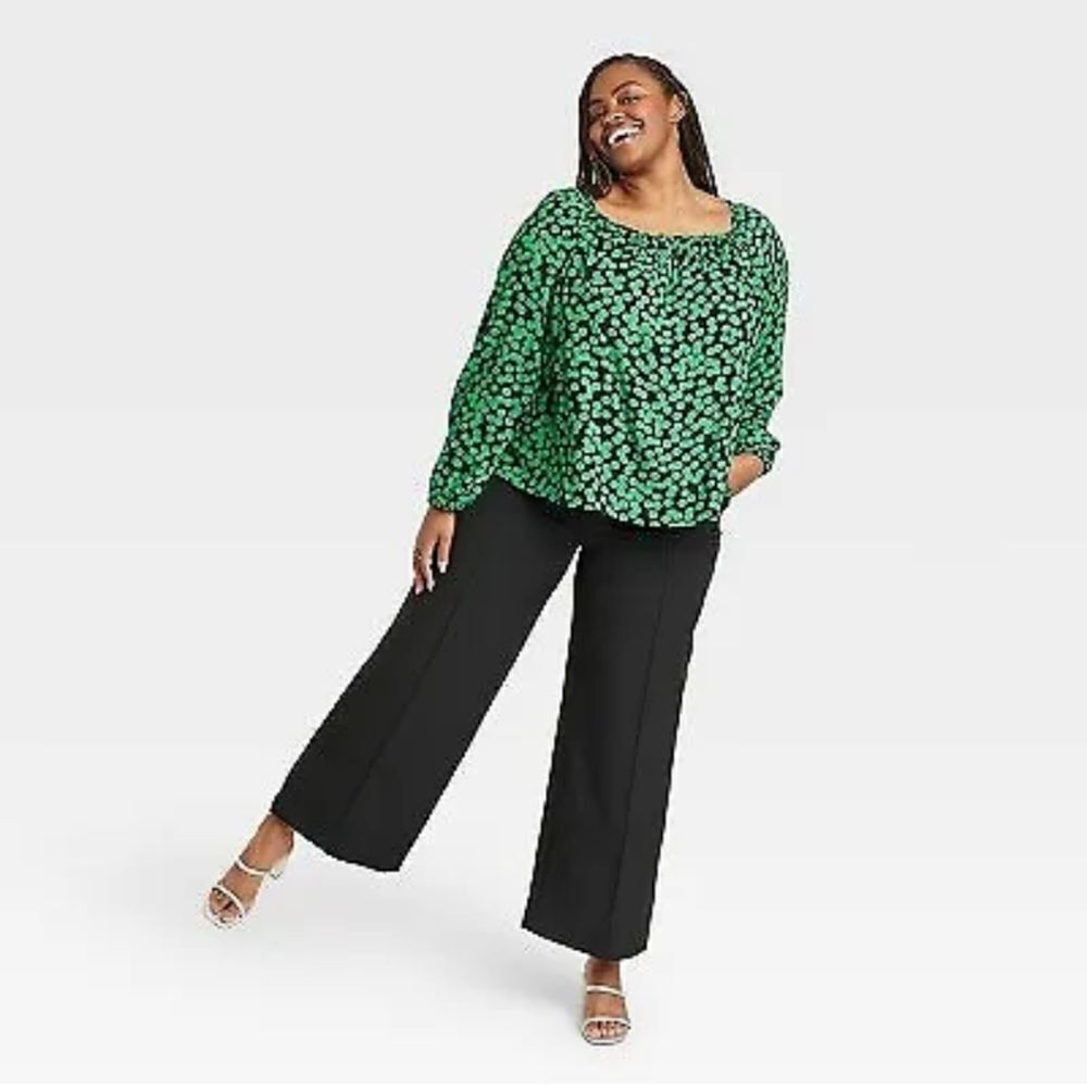 🔥Ava & Viv Women's Balloon Long Sleeve Blouse - Green Polka Dots XXL